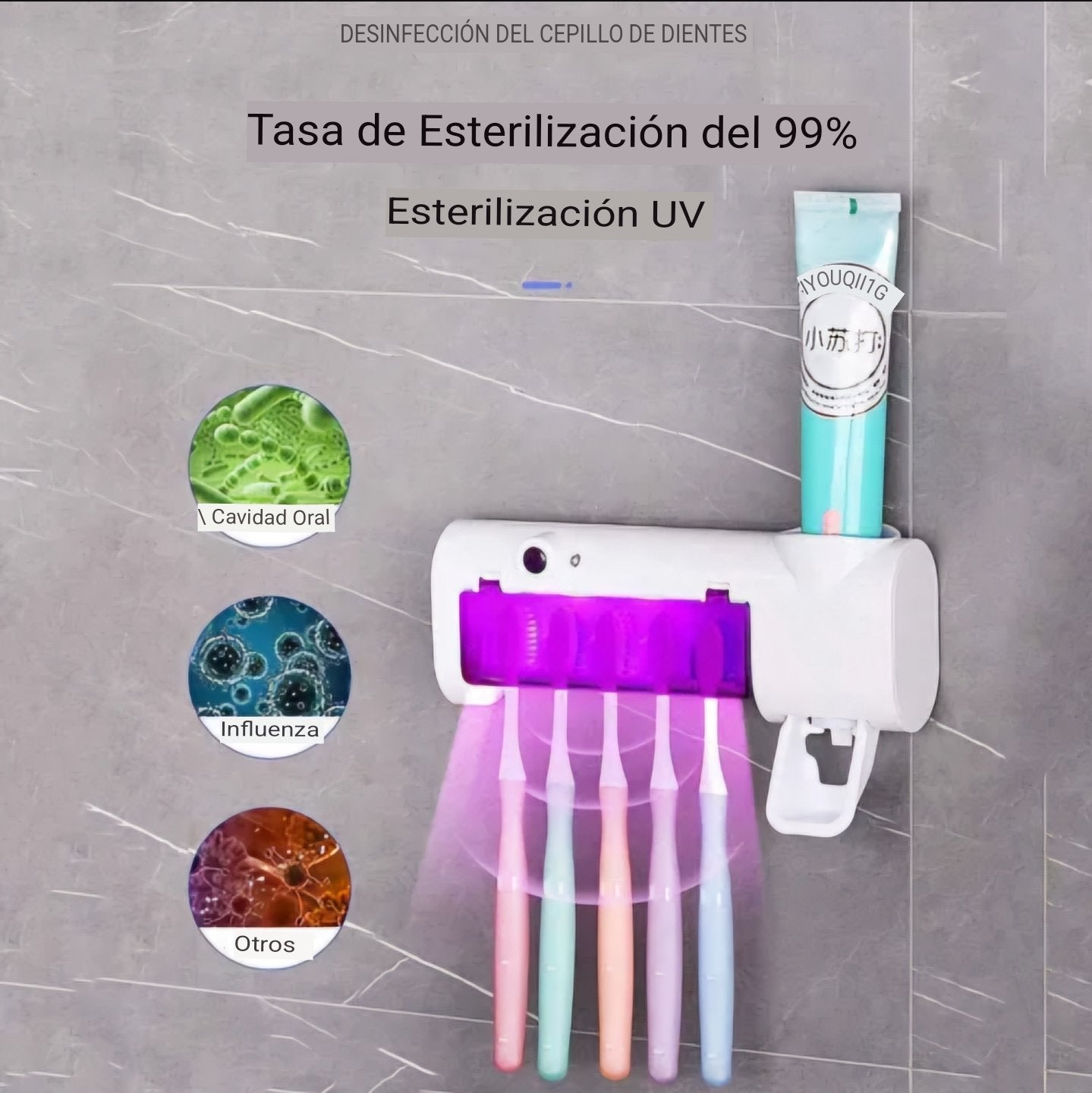 Portacepillos más dispensador de pasta dental con desinfectante UV