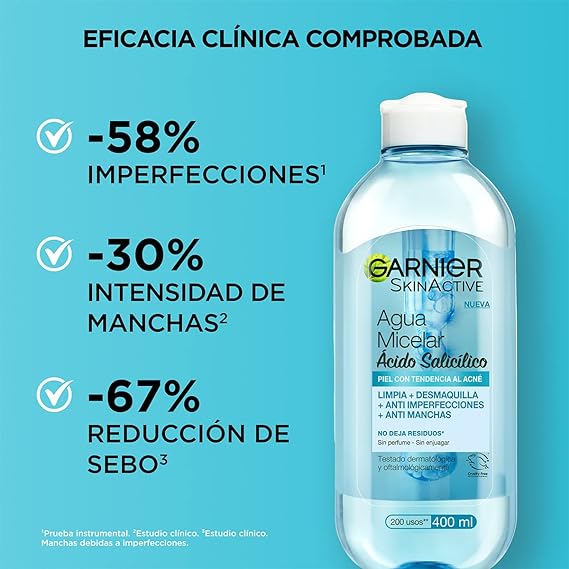 Agua Micelar Express Aclara Anti Acné Garnier 400 ml.