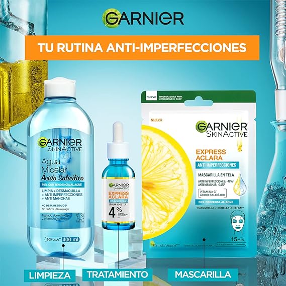 Agua Micelar Express Aclara Anti Acné Garnier 400 ml.