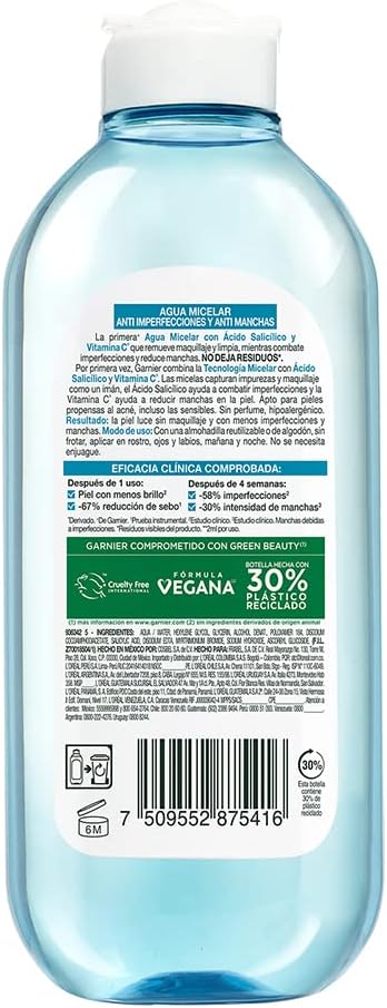 Agua Micelar Express Aclara Anti Acné Garnier 400 ml.