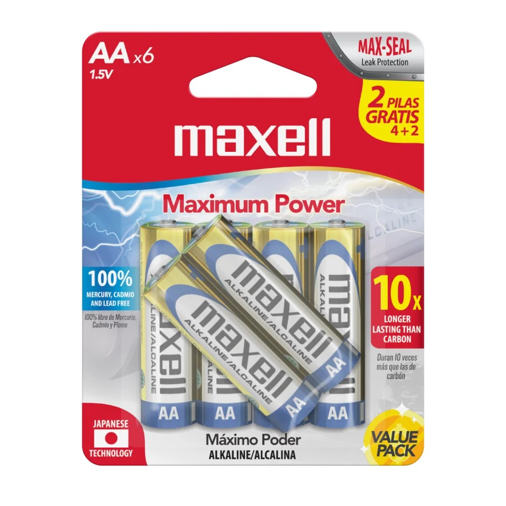 Bateria Pila Alcalina Maxell Pack de 6 Pilas AA Codigo 723413