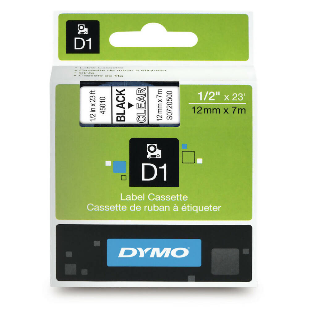 Cinta Dymo D1 Labelmanager Standard Negro sobre Transparente 12mm x 7m Codigo 45010