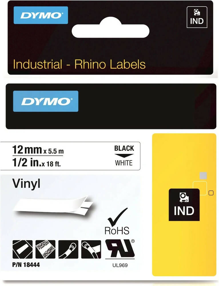 Cinta Dymo Rhino Industrial Vinil Negro sobre Blanco 12mm x 5.5m 18444