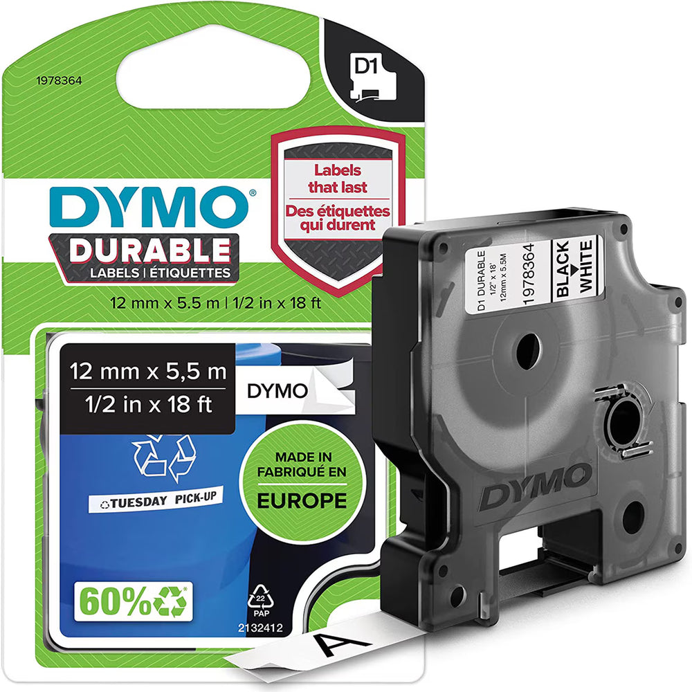 Cinta Dymo D1 Labelmanager Durable Negro sobre Blanco 12mm x 5.5m Codigo 1978364