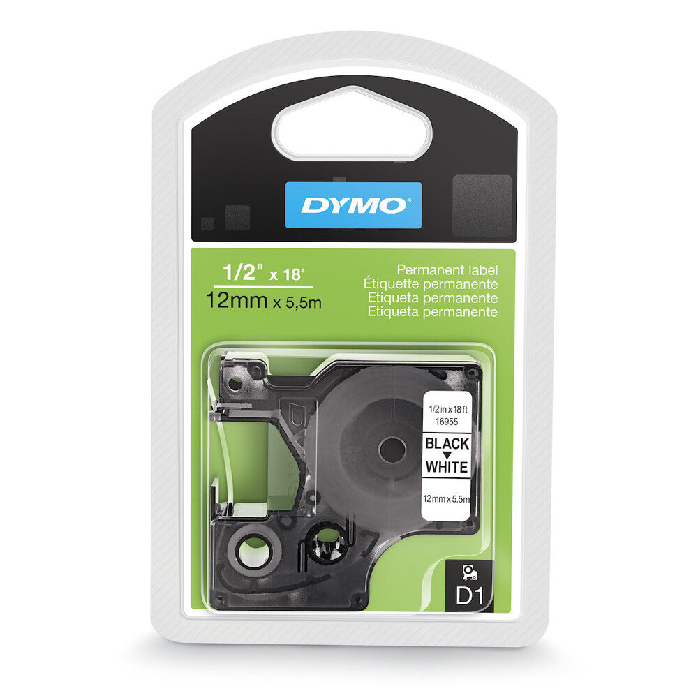 Cinta Dymo D1 Labelmanager Permanente Negro sobre Blanco 12mm x 5.5m Codigo 16955