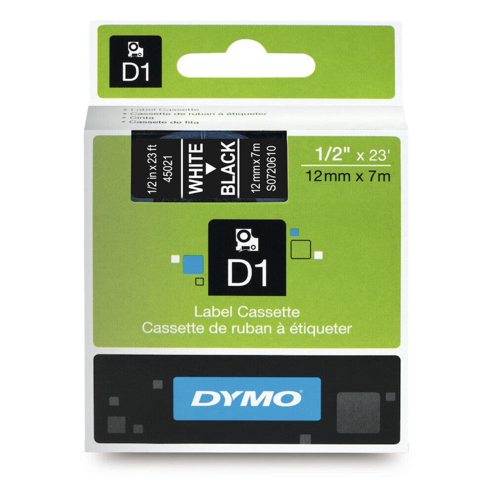 Cinta Dymo D1 Labelmanager Standard Blanco sobre Negro 12mm x 7m Codigo 45021