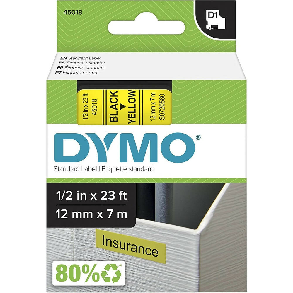 Cinta Dymo D1 Labelmanager Standard Negro sobre Amarillo 12mm x 7m Codigo 45018