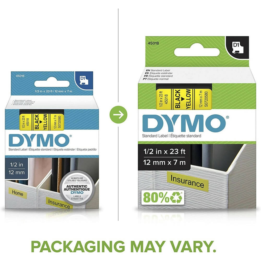 Cinta Dymo D1 Labelmanager Standard Negro sobre Amarillo 12mm x 7m Codigo 45018