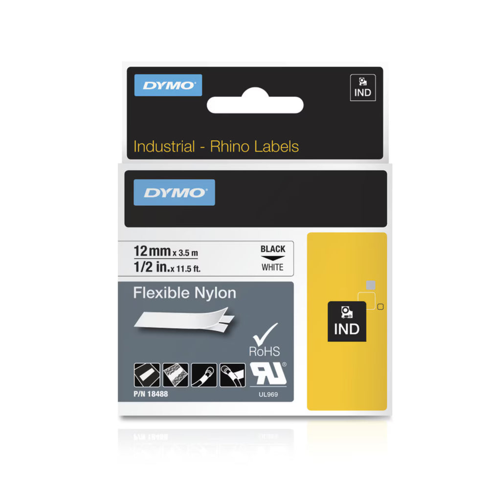 Cinta Dymo Rhino Industrial Nylon Flexible Negro sobre Blanco 12mm x 3.5m Codigo 18488