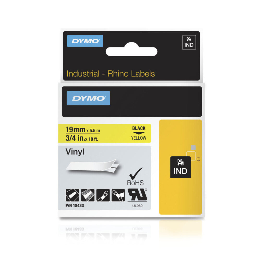 Cinta  Dymo Rhino Industrial Vinil Negro sobre Amarillo 19mm x 5.5m Codigo 18433