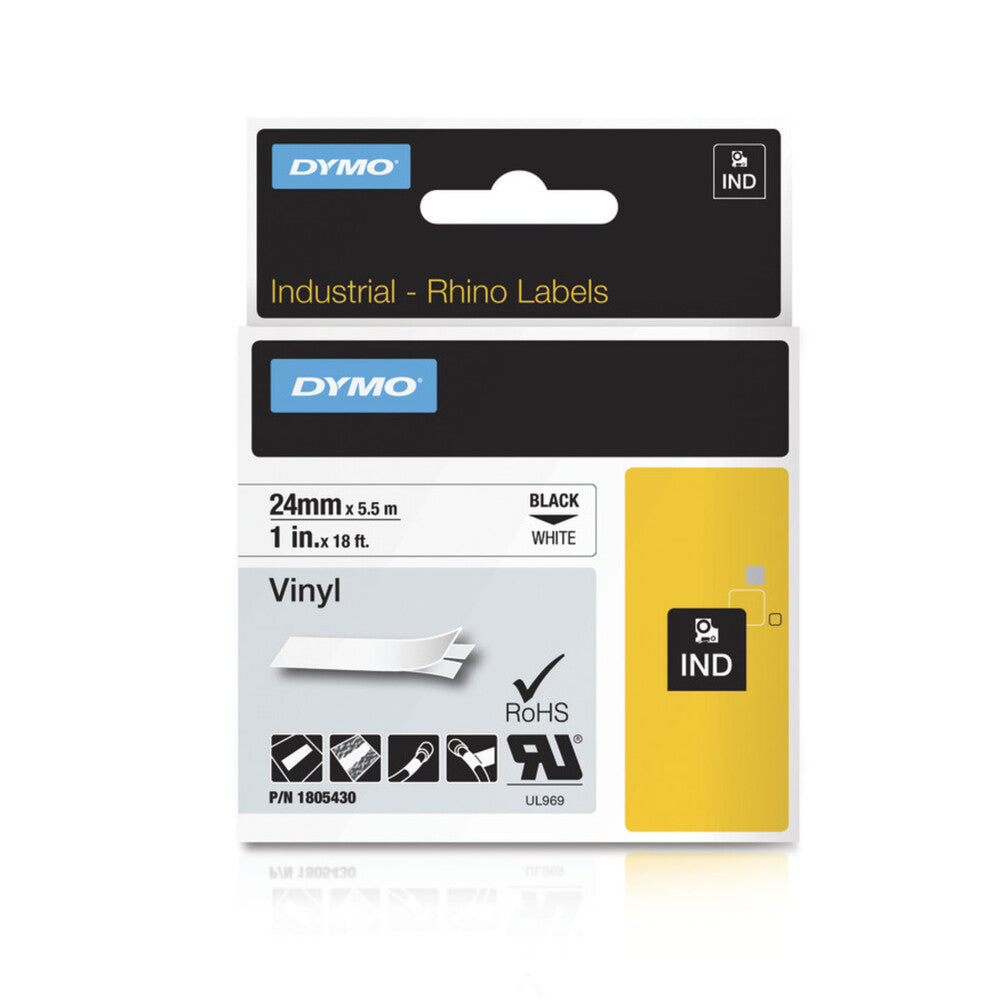 Cinta Dymo Rhino Industrial Vinil Negro sobre Blanco 24mm x 5.5m Codigo 1805430