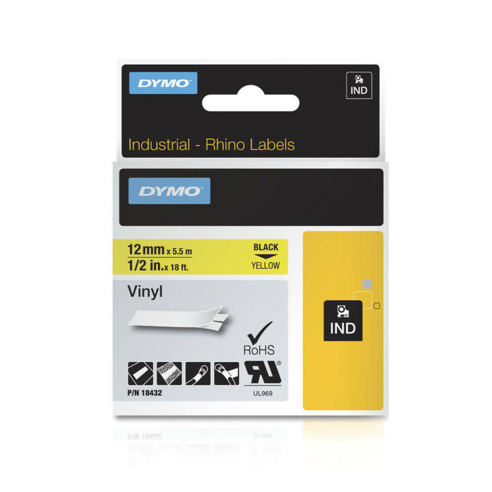 Cinta Dymo Rhino Industrial Vinil Negro sobre Amarillo 12mm x 5.5m Codigo 18432