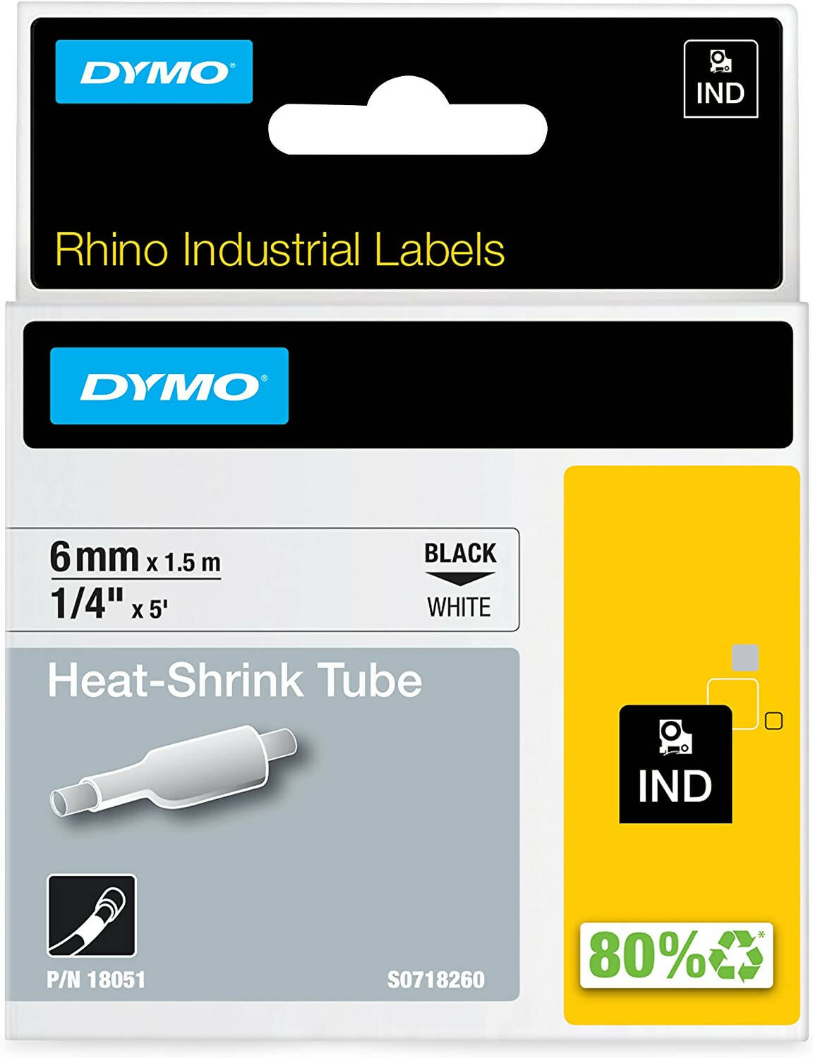 Cinta Dymo Rhino Industrial Termocontraible Negro sobre Blanco 6mm x 1.5m Codigo 18051