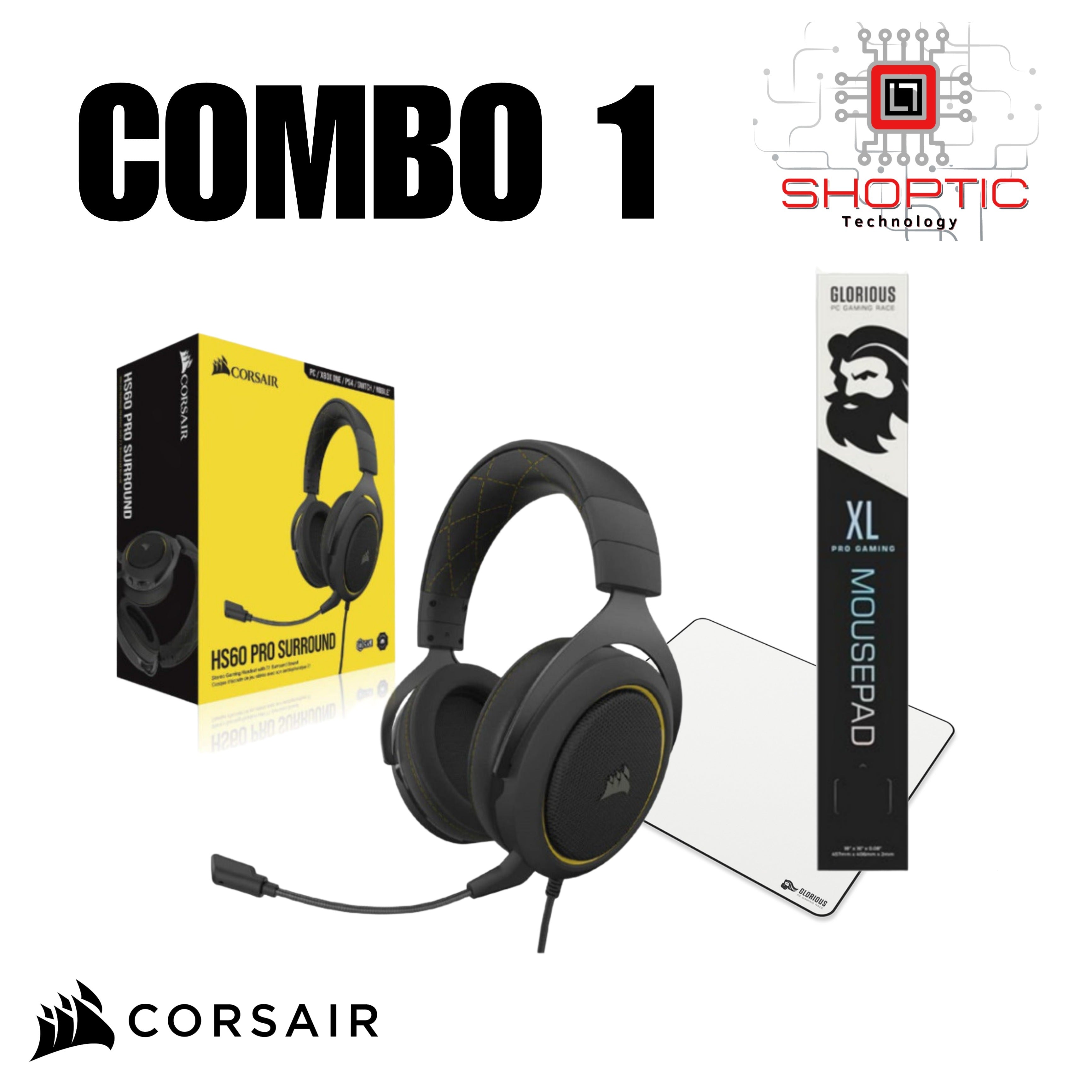 Combo Gaming 1 Corsair HS60 Pro Surround 7.1 USB + Glorious Heavy XL 18x16" GW-HXL White