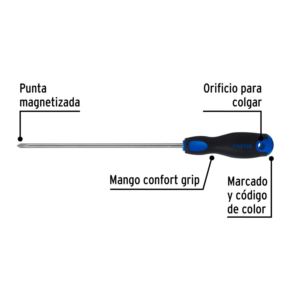 Desarmador Pretul 1/4" x 8" Mango Comfort Grip Punta de Cruz