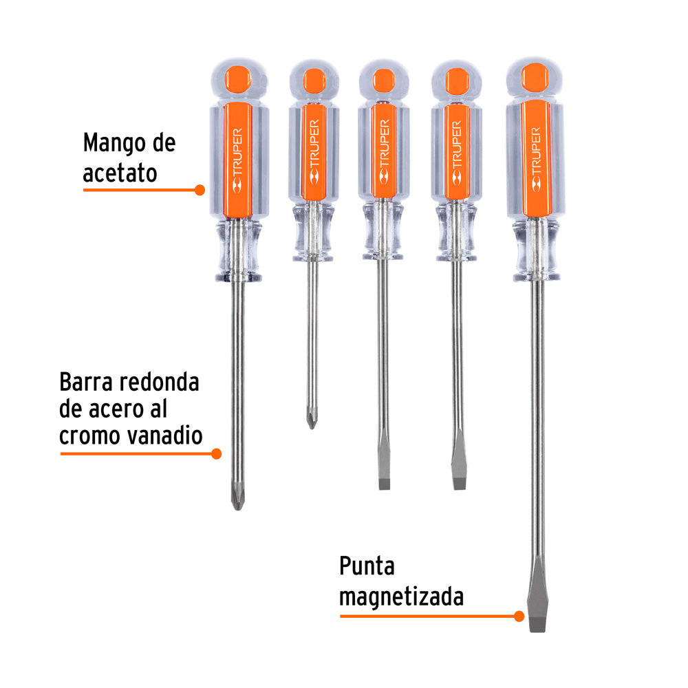 Desarmadores Truper Juego de 5 Piezas con Mangos de Acetato