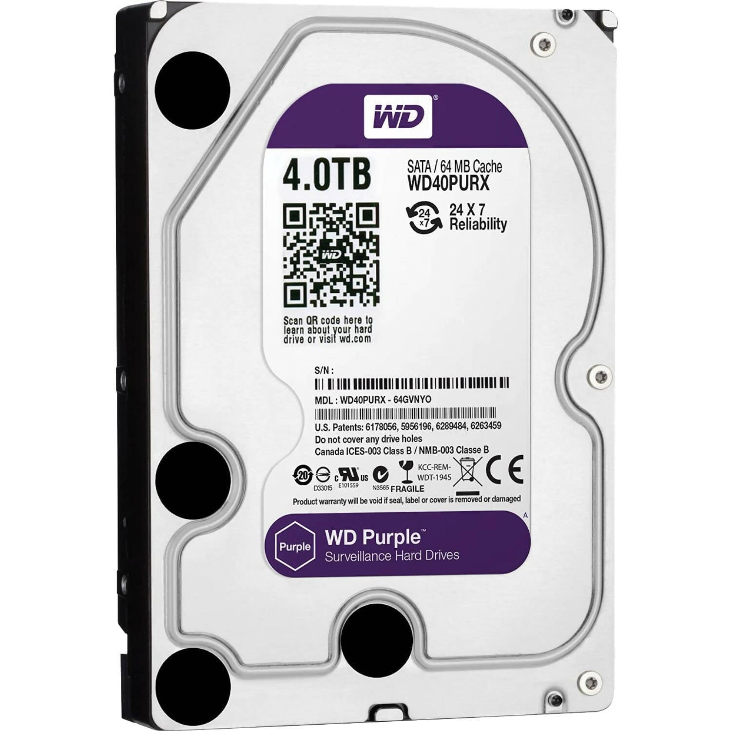 Disco Duro Western Digital Purpura 4TB para Videovigilancia CCTV Codigo WD40PURX