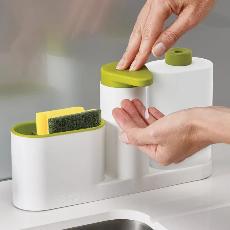 Dispensador de jabón de cocina con soporte de esponja y organizador de cepillos