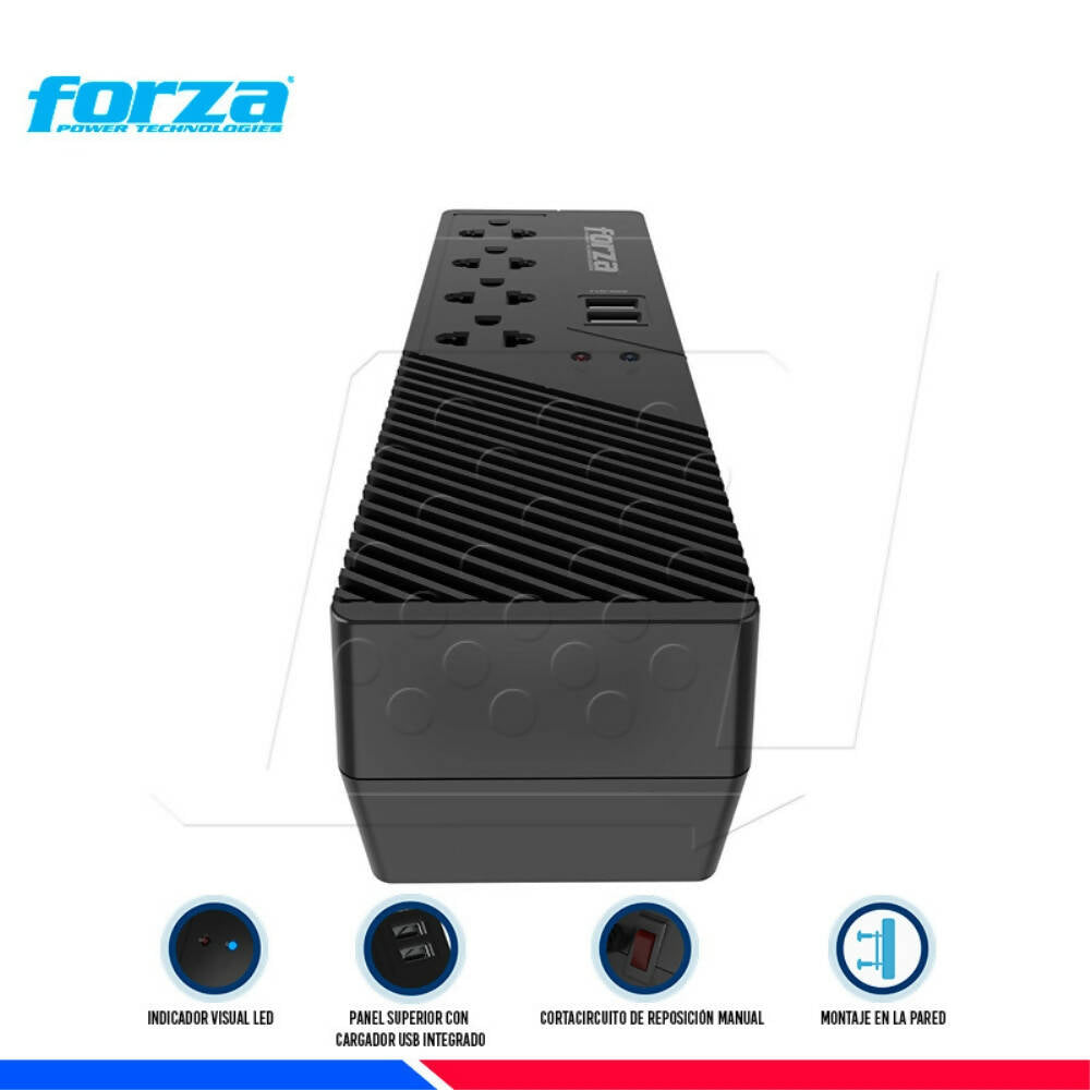 Estabilizador Forza Regulador de Voltaje 1000VA/500W 4 tomas universales + 2 Puertos USB-A Codigo FVR-1012USB