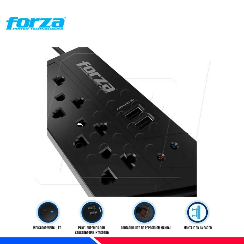 Estabilizador Forza Regulador de Voltaje 1000VA/500W 4 tomas universales + 2 Puertos USB-A Codigo FVR-1012USB