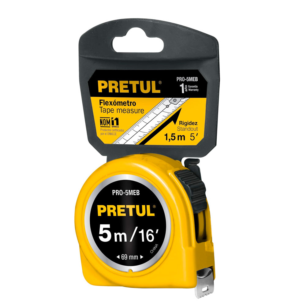 Flexómetro Pretul Amarillo 5 m Cinta 19 mm en Tarjeta