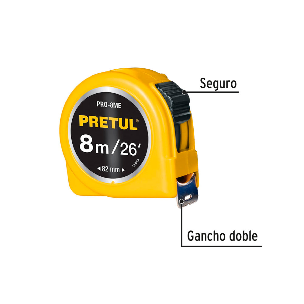 Flexómetro Pretul Amarillo 8 m Cinta 25 mm en Tarjeta