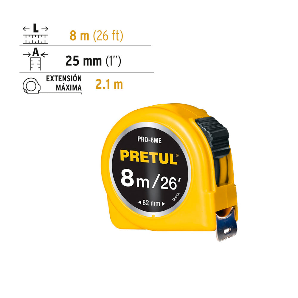 Flexómetro Pretul Amarillo 8 m Cinta 25 mm en Tarjeta