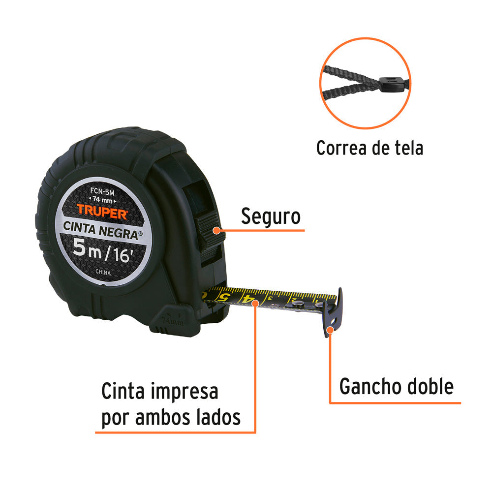 Flexómetro Truper Cinta Negra 5 m cinta 19 mm