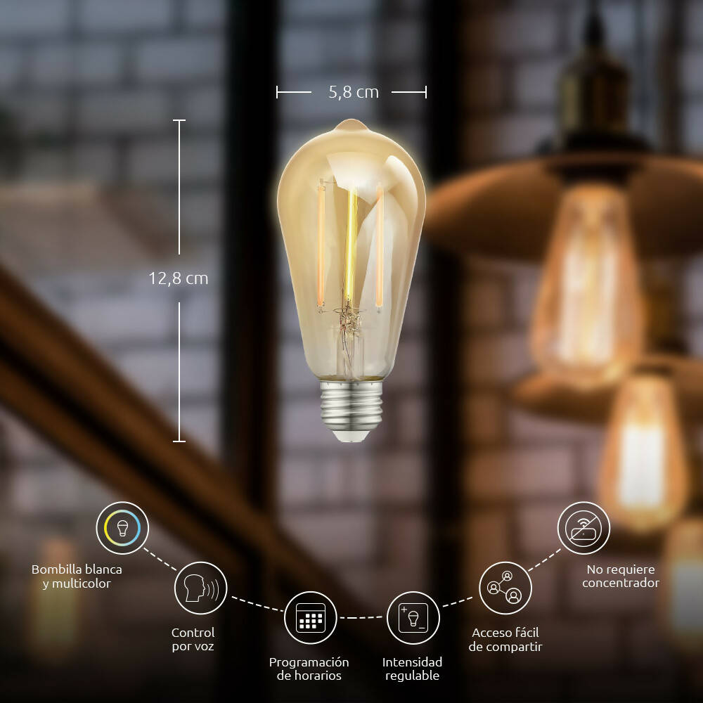 Foco LED Nexxt Inteligente Regulable Filamento tipo Ambar WiFi compatible con Alexa y Google rosca E26 E27 de 8W Codigo NHB-A520