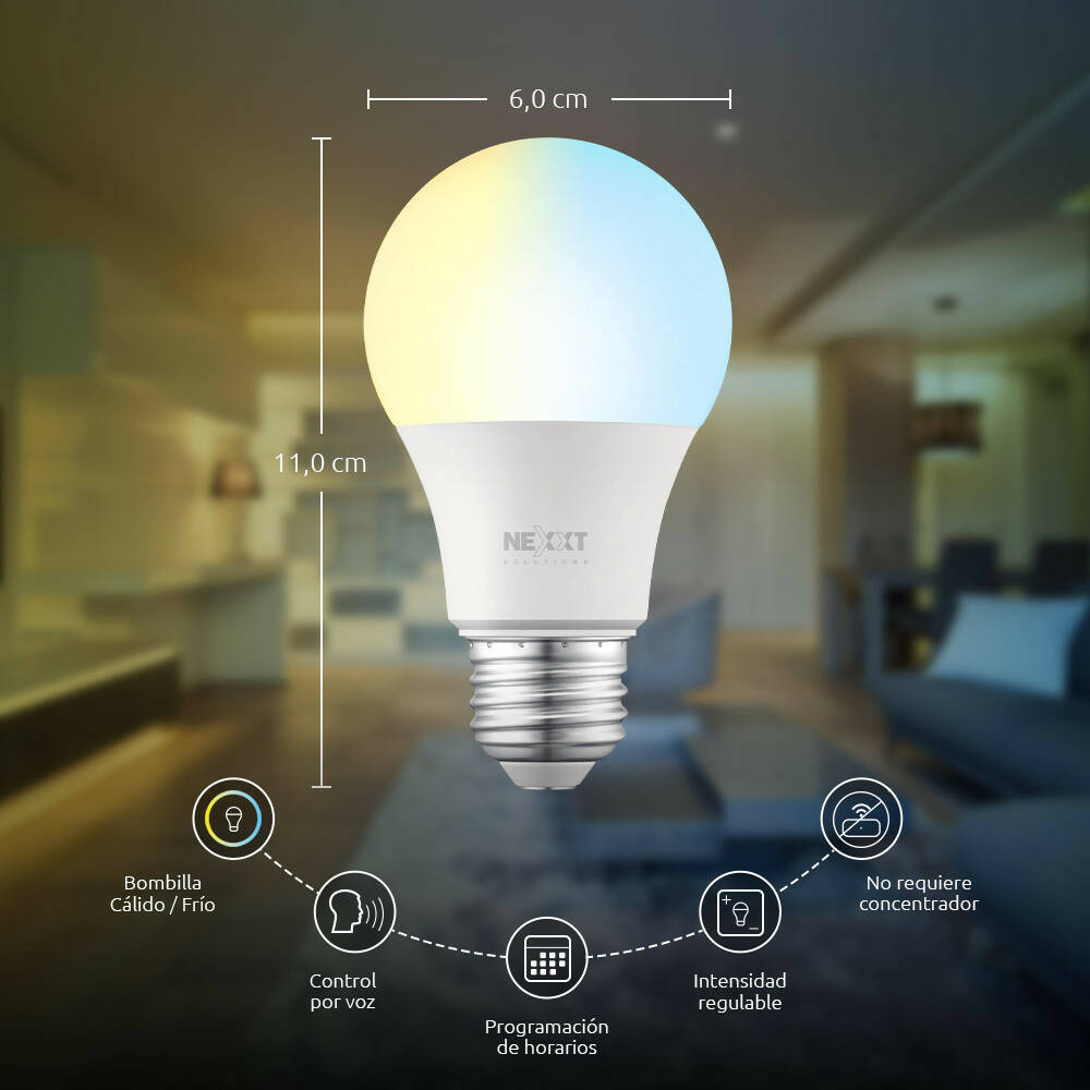 Foco Nexxt LED Inteligente Regulable Luz Calida Blanca Fria WiFi Alexa Google E26 E27 9W Codigo NHB-W120