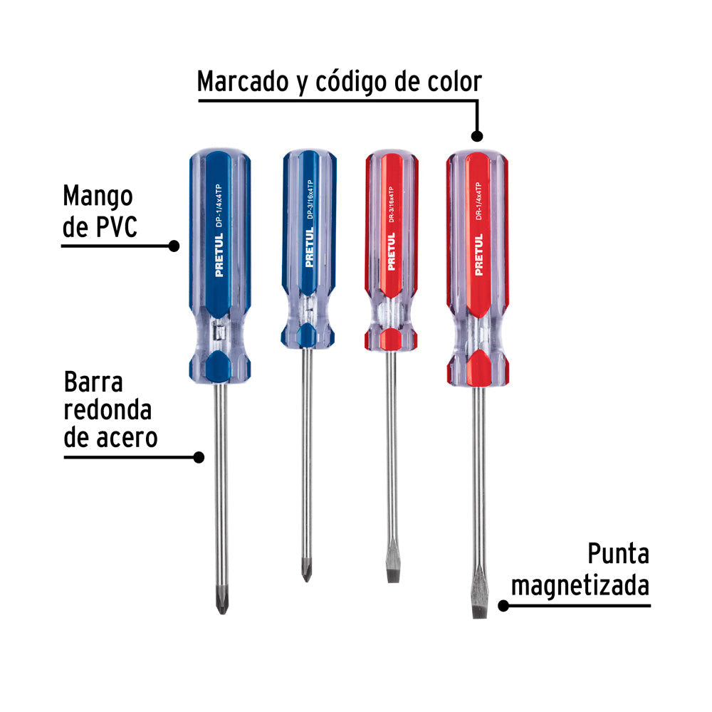 Juego de 4 Desarmadores Pretul Mango de PVC