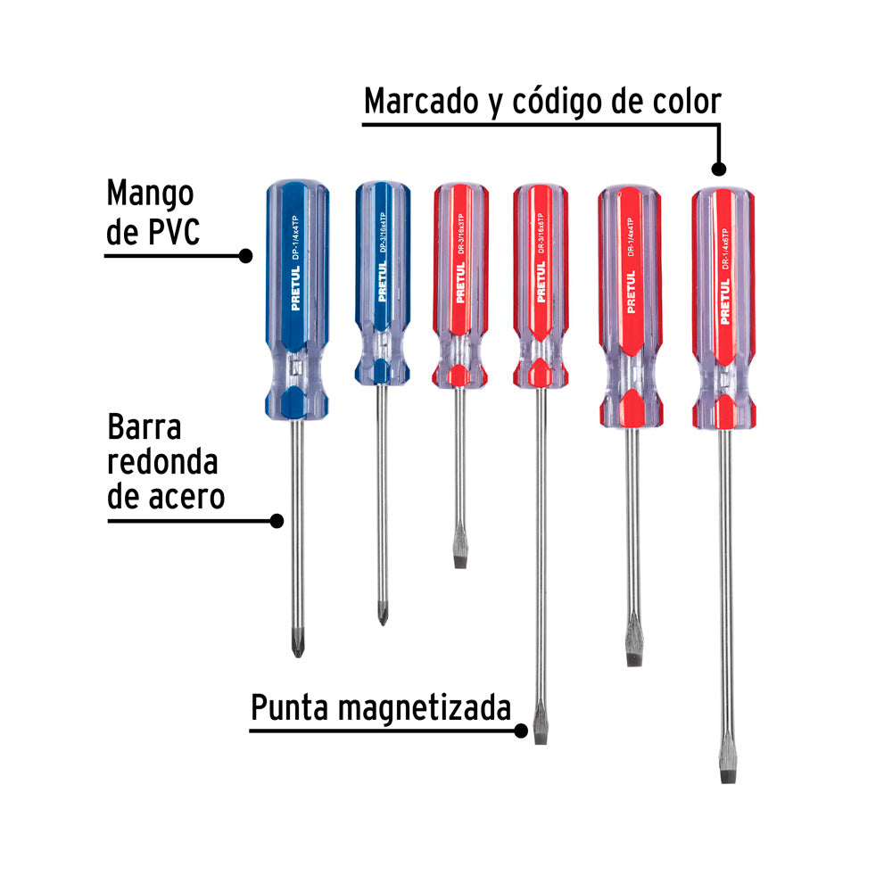 Juego de 6 Desarmadores Pretul Mango de PVC