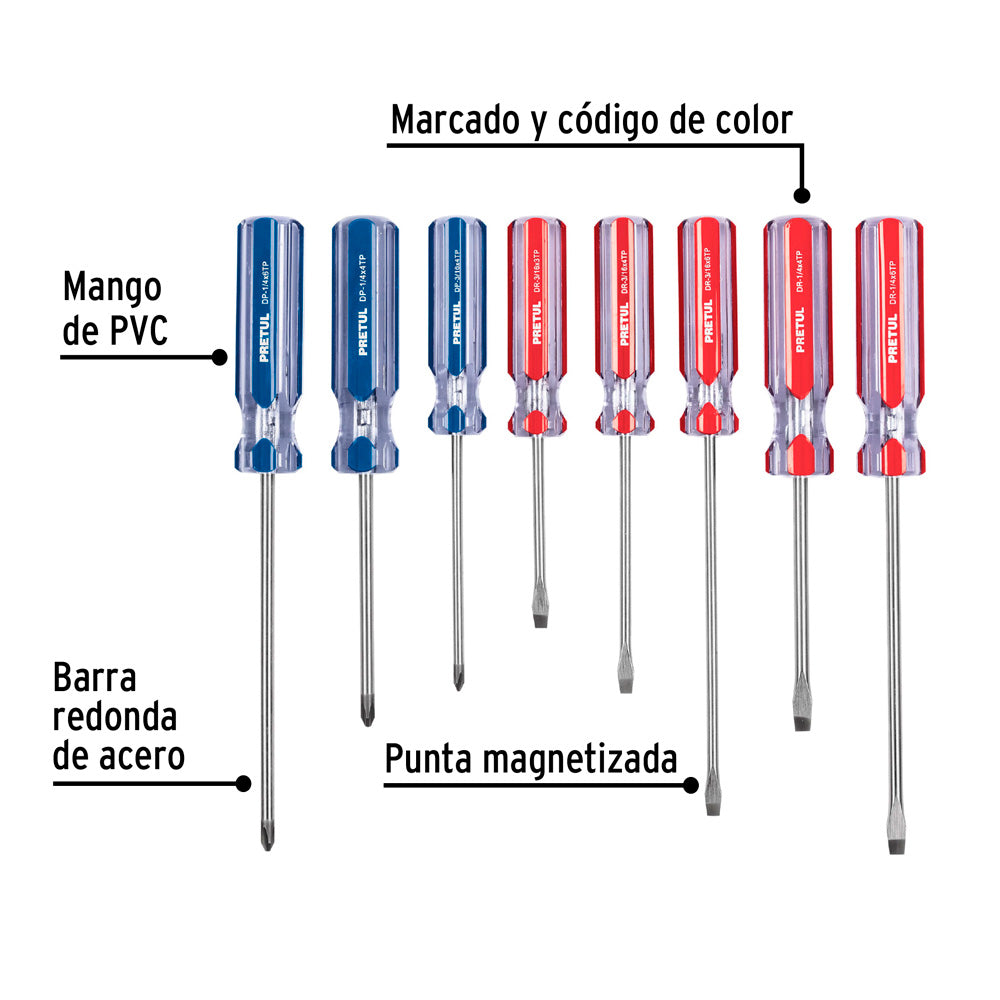 Juego de 8 Desarmadores Pretul Mango de PVC