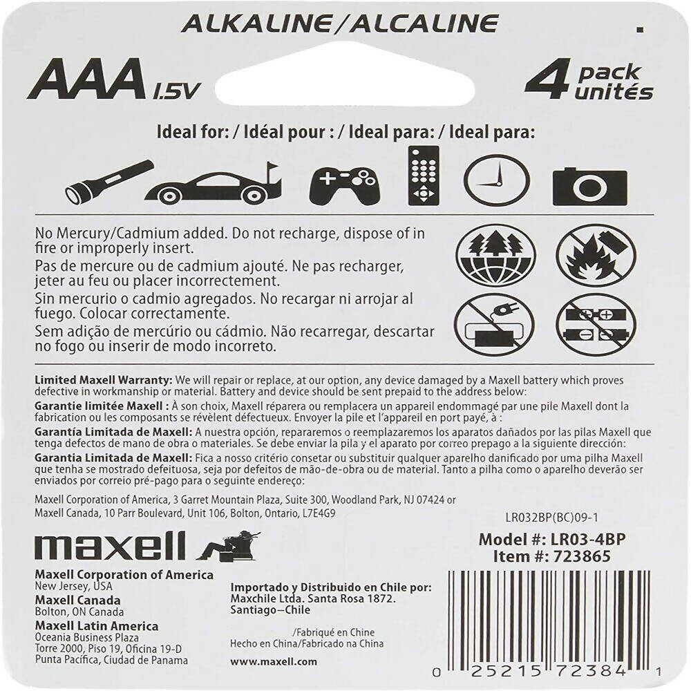 Bateria Pila Alcalina Maxell Pack de 4 Pilas AAA Codigo 723865