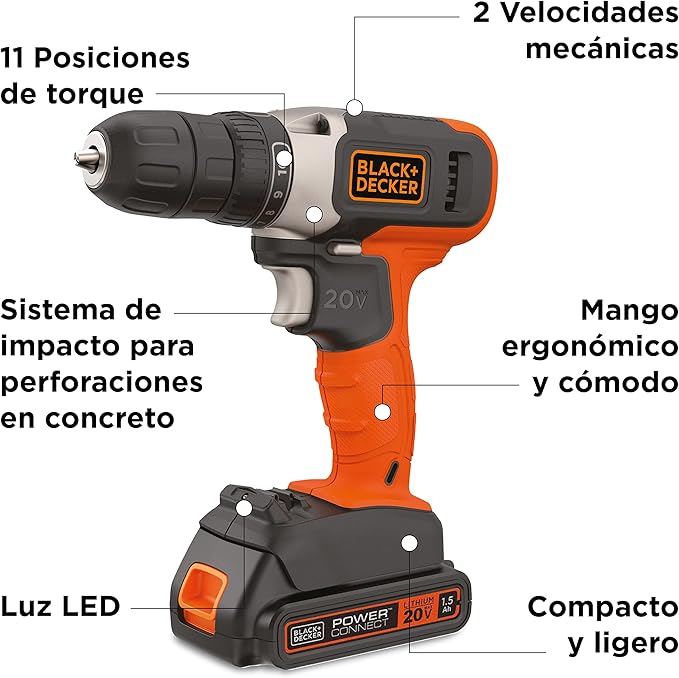 Taladro/Atornillador Black and Decker 3/8″- 20V MAX inalámbrico 2 velocidades