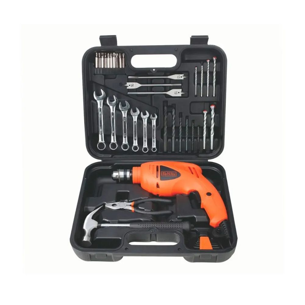 Taladro Percutor Black and Decker 3/8″- 550W con Maletín y 41 Herramientas Manuales