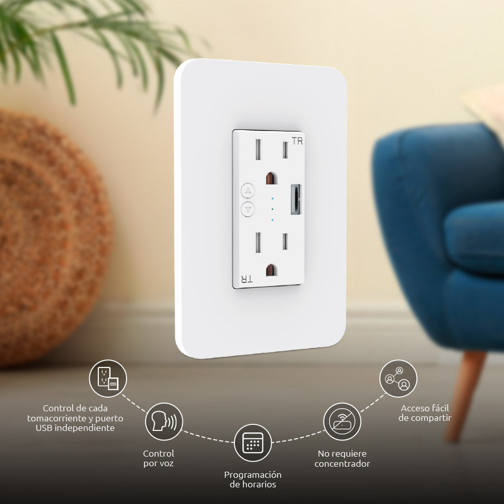 Tomacorriente de Pared Nexxt Inteligente con WiFi y USB soporta 10 Amp Compatible con Google y Amazon Alexa Codigo NHE-W100