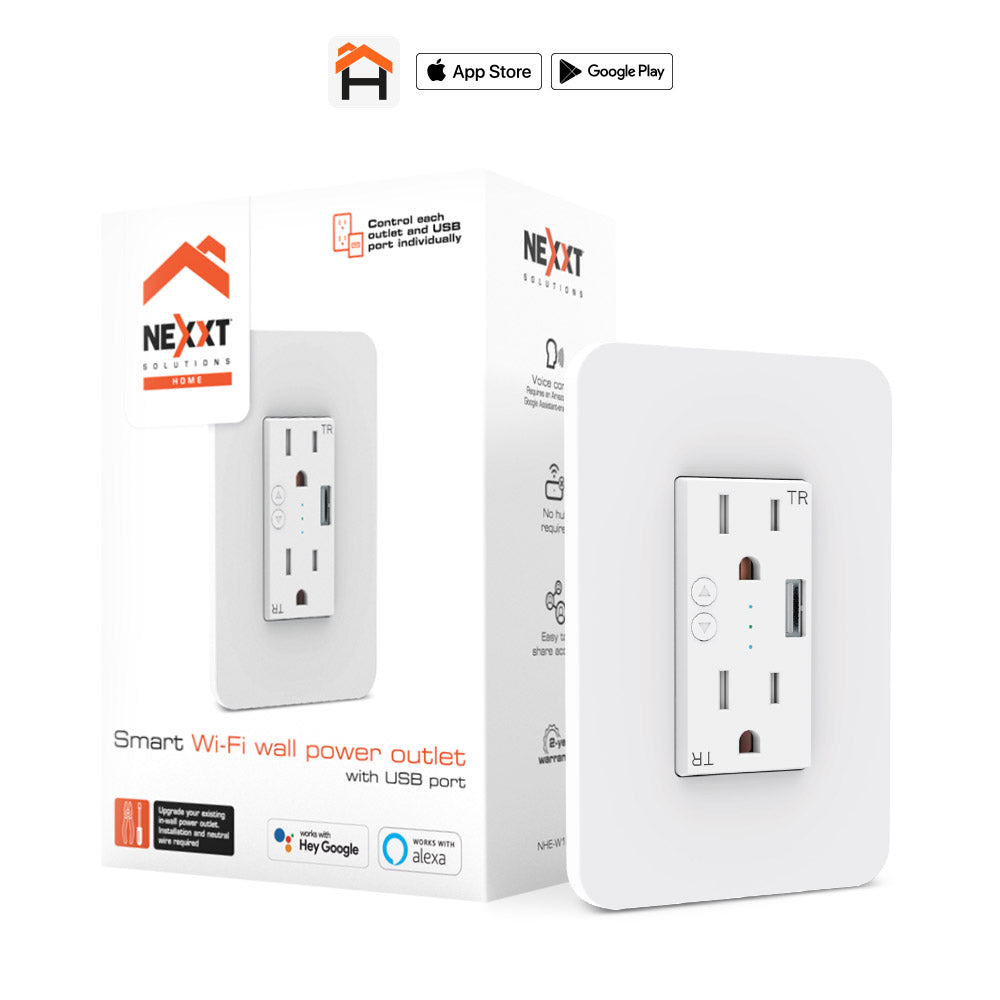 Tomacorriente de Pared Nexxt Inteligente con WiFi y USB soporta 10 Amp Compatible con Google y Amazon Alexa Codigo NHE-W100