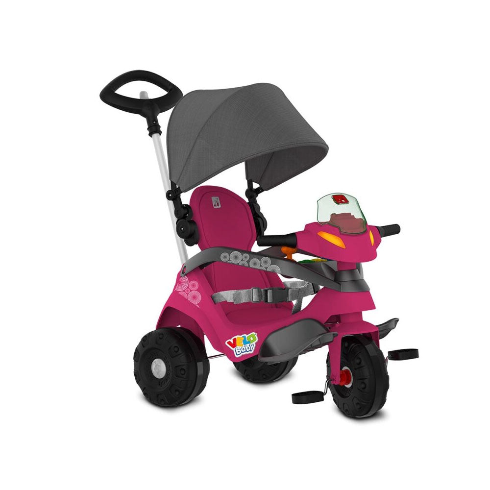 Triciclo Velobaby Reclinable con Techo Rosa Paseo y Pedal