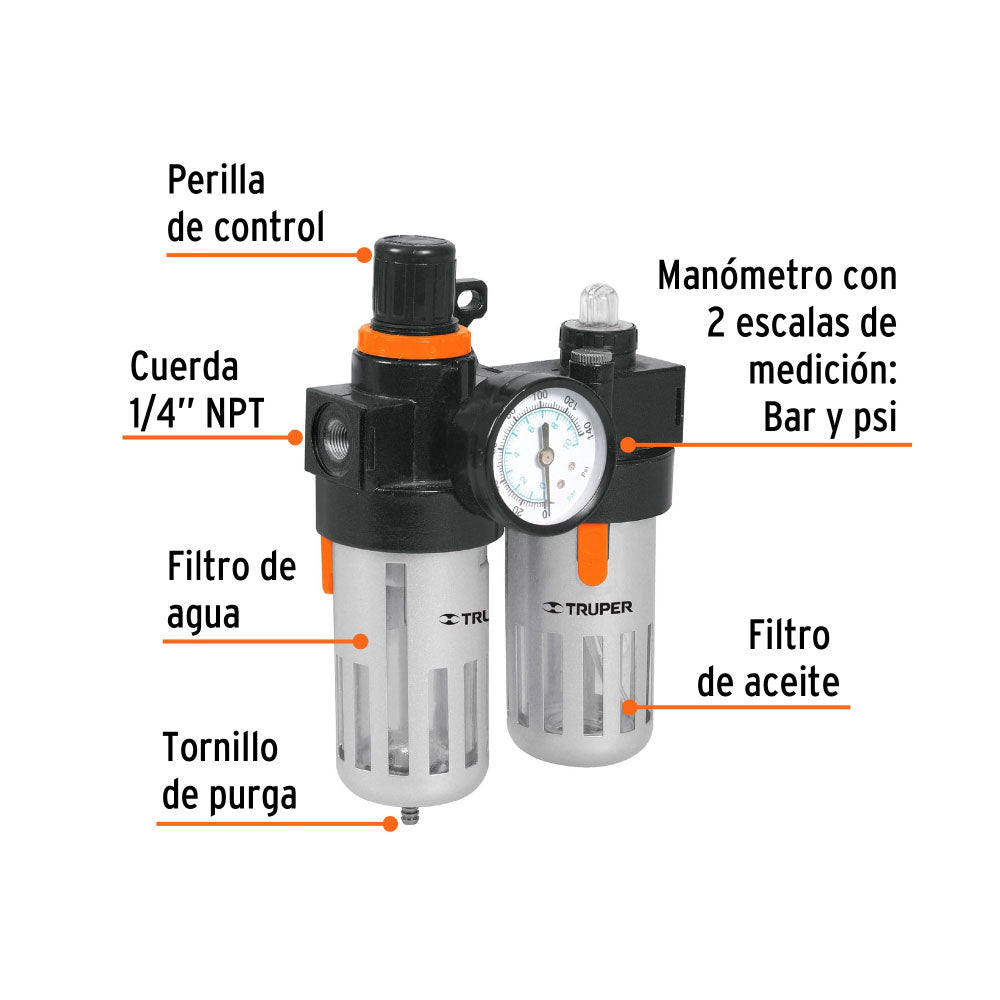 Filtro Regulador de Aire Truper con Modulo de Lubricación