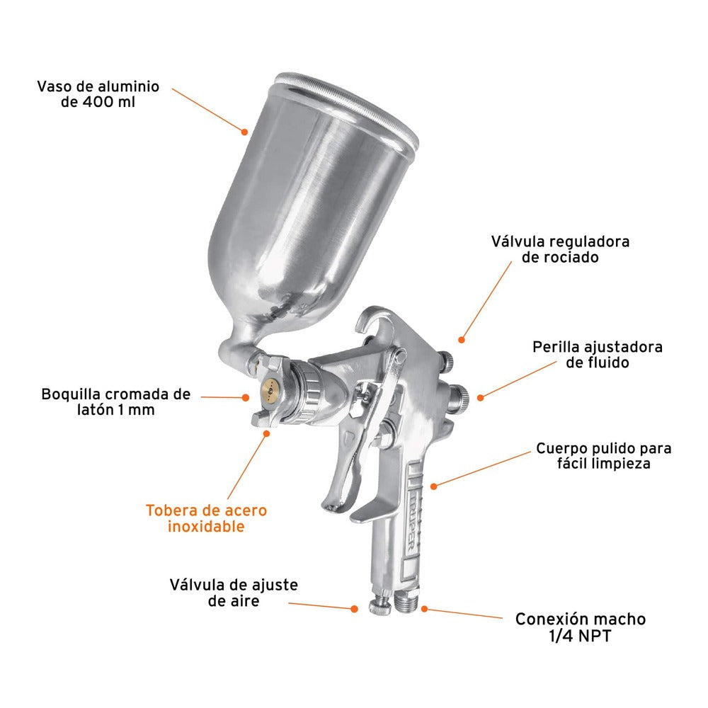 Pistola de Aluminio Truper de 1 mm con Vaso Aluminio gravedad LVMP