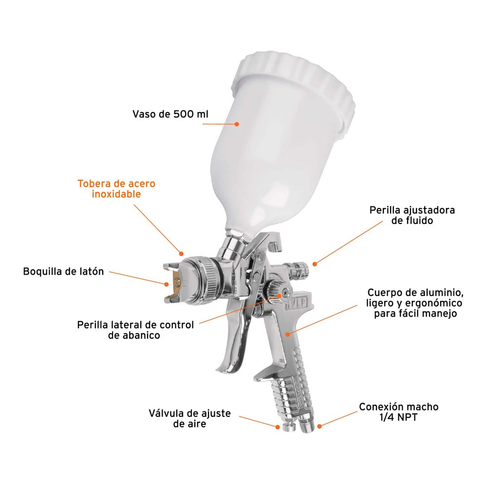 Pistola de Aluminio Truper de 14 mm con Vaso Plastico gravedad HVLP