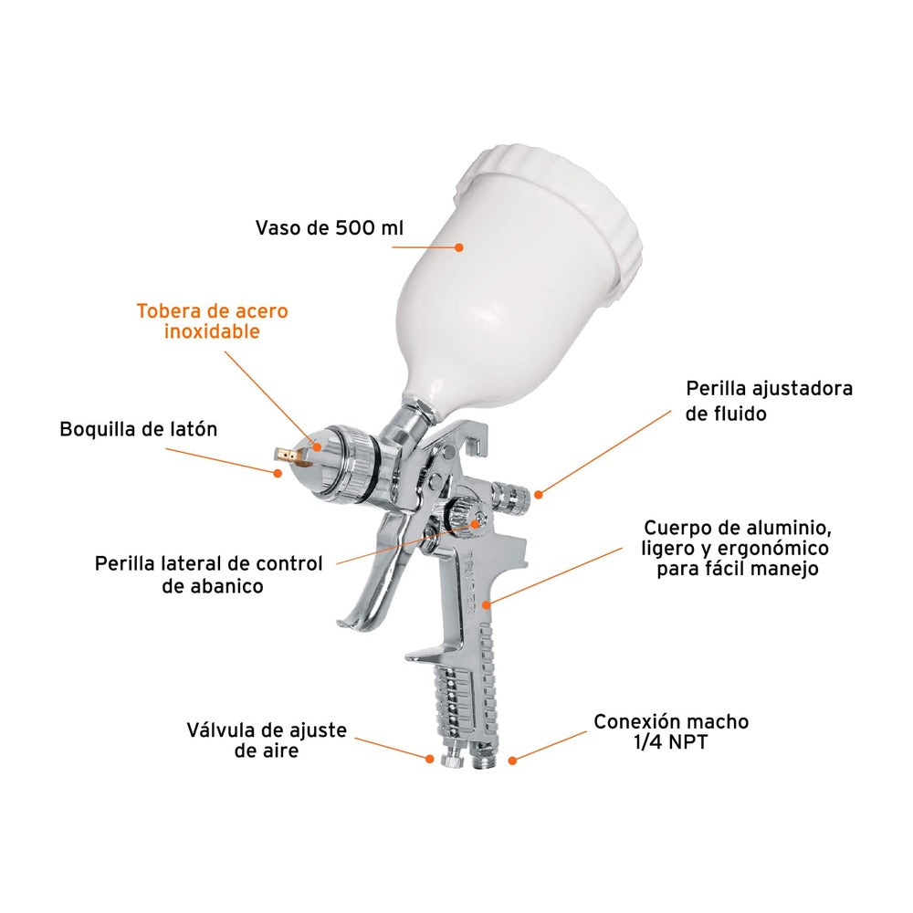 Pistola de Aluminio Truper de 17 mm con Vaso Plastico gravedad HVLP