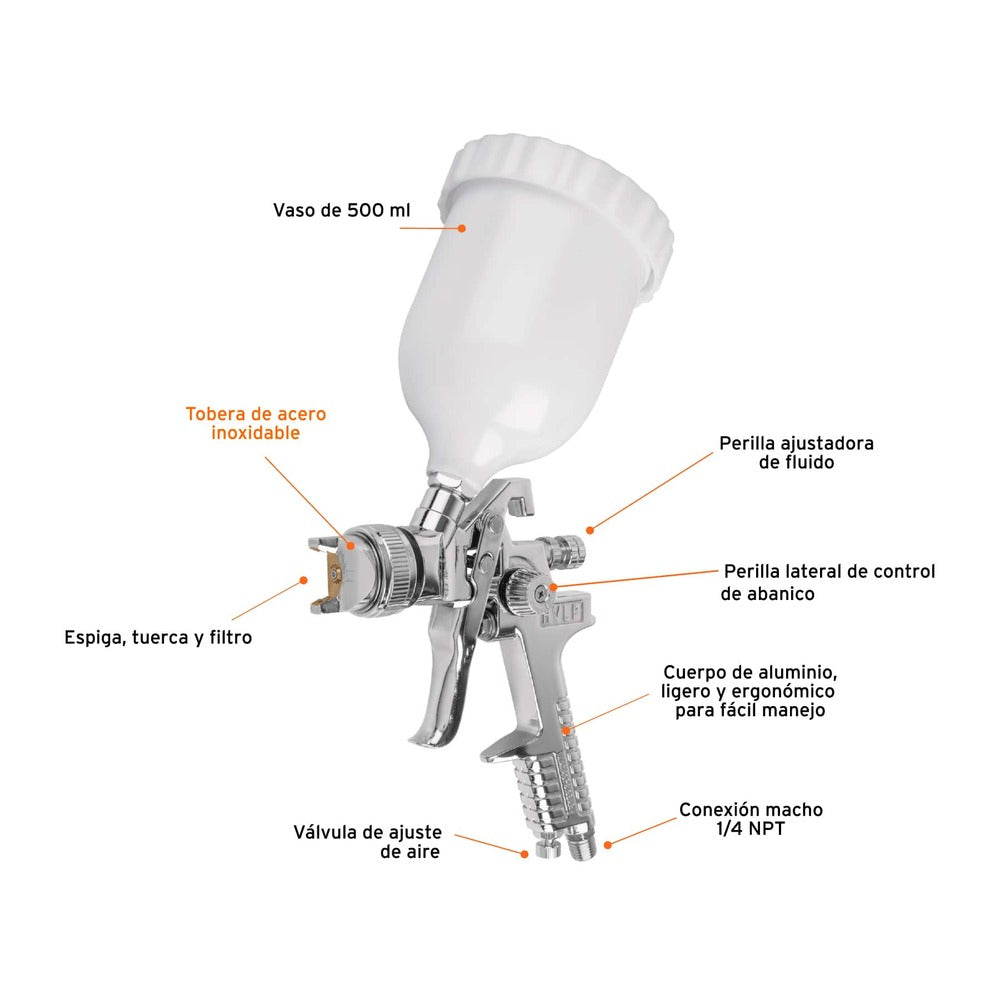 Pistola de Aluminio Truper de 2 mm con Vaso Plastico gravedad HVLP